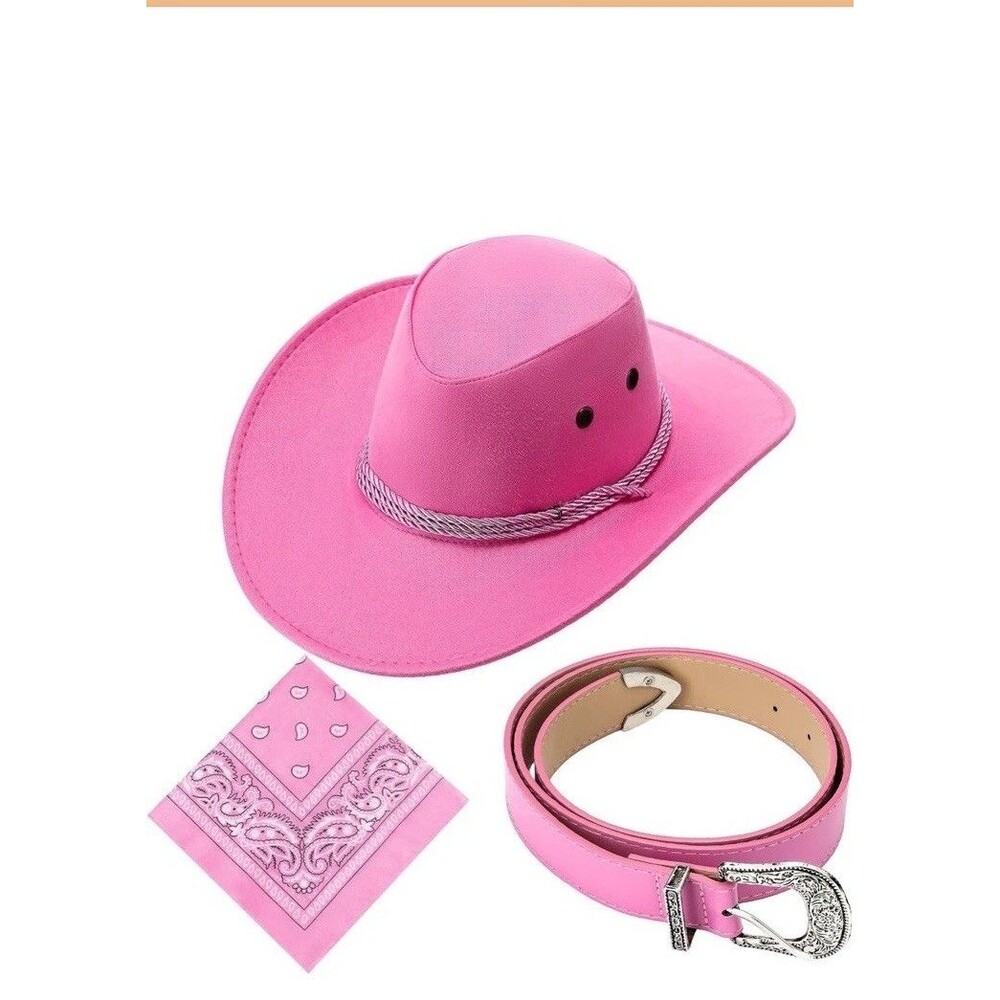 Pink Cowboy Costume Hat with Bandana Belt Cowgirl Hat Wide Brim Dress Up